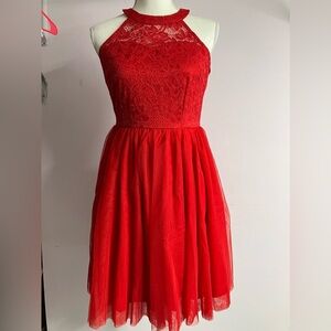 High Collar Halter Dress, Medium, Red, Lace Overlay, Tulling, Zapaka